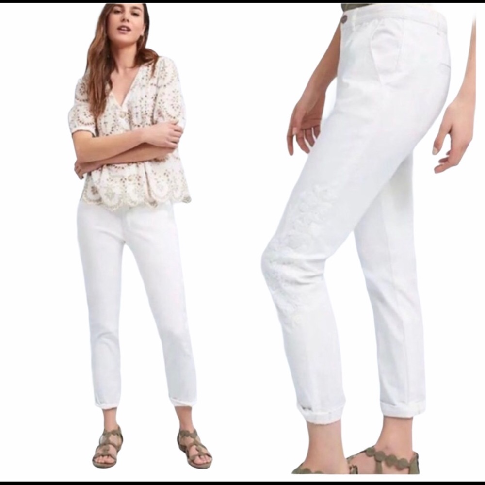 Anthropologie Chino White Floral Embroidered Cropped Jeans